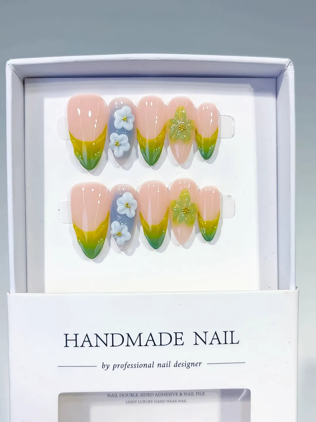 Medium Nude Green Almond French tip Flower Butterfly