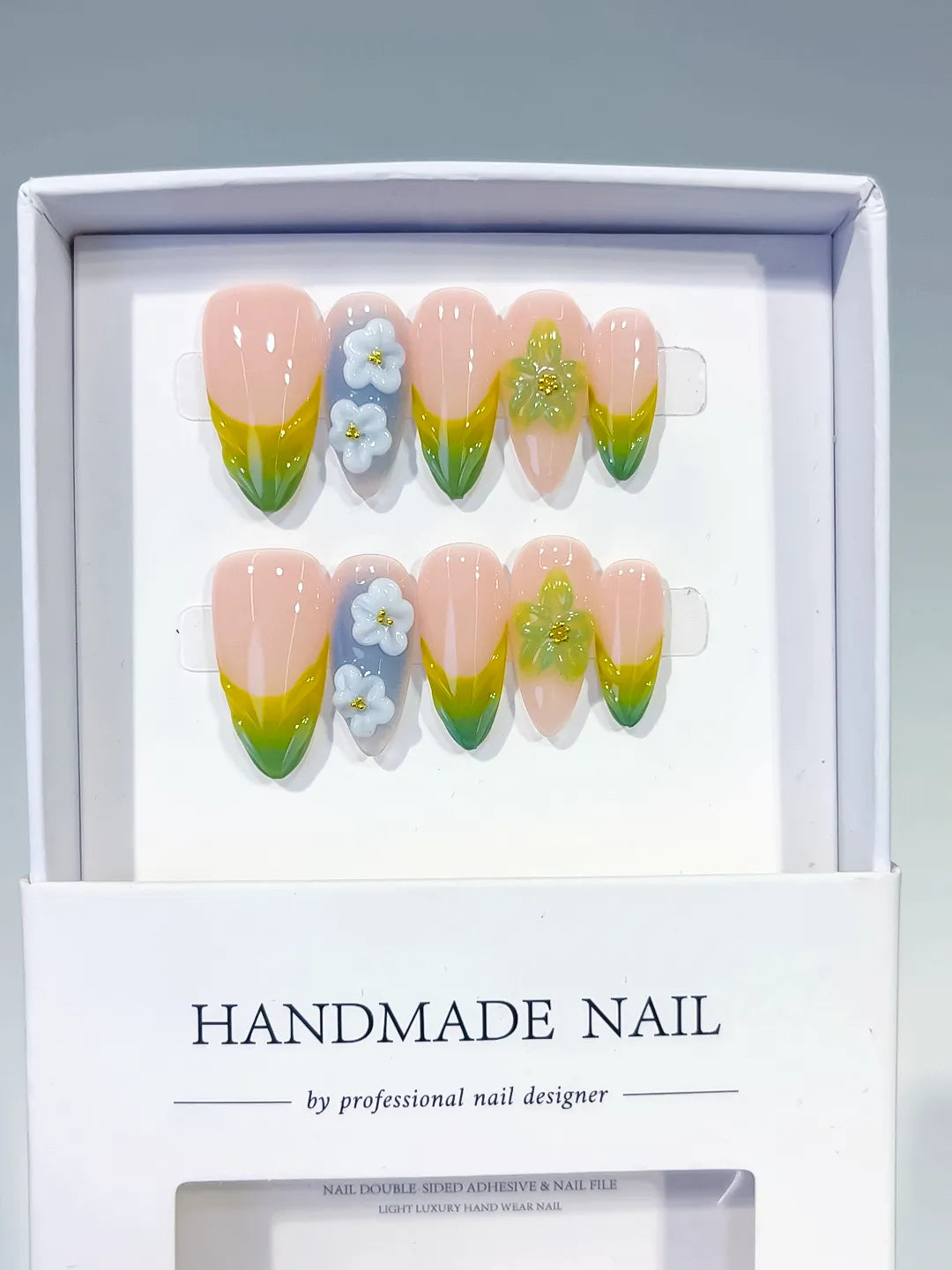 Medium Nude Green Almond French tip Flower Butterfly