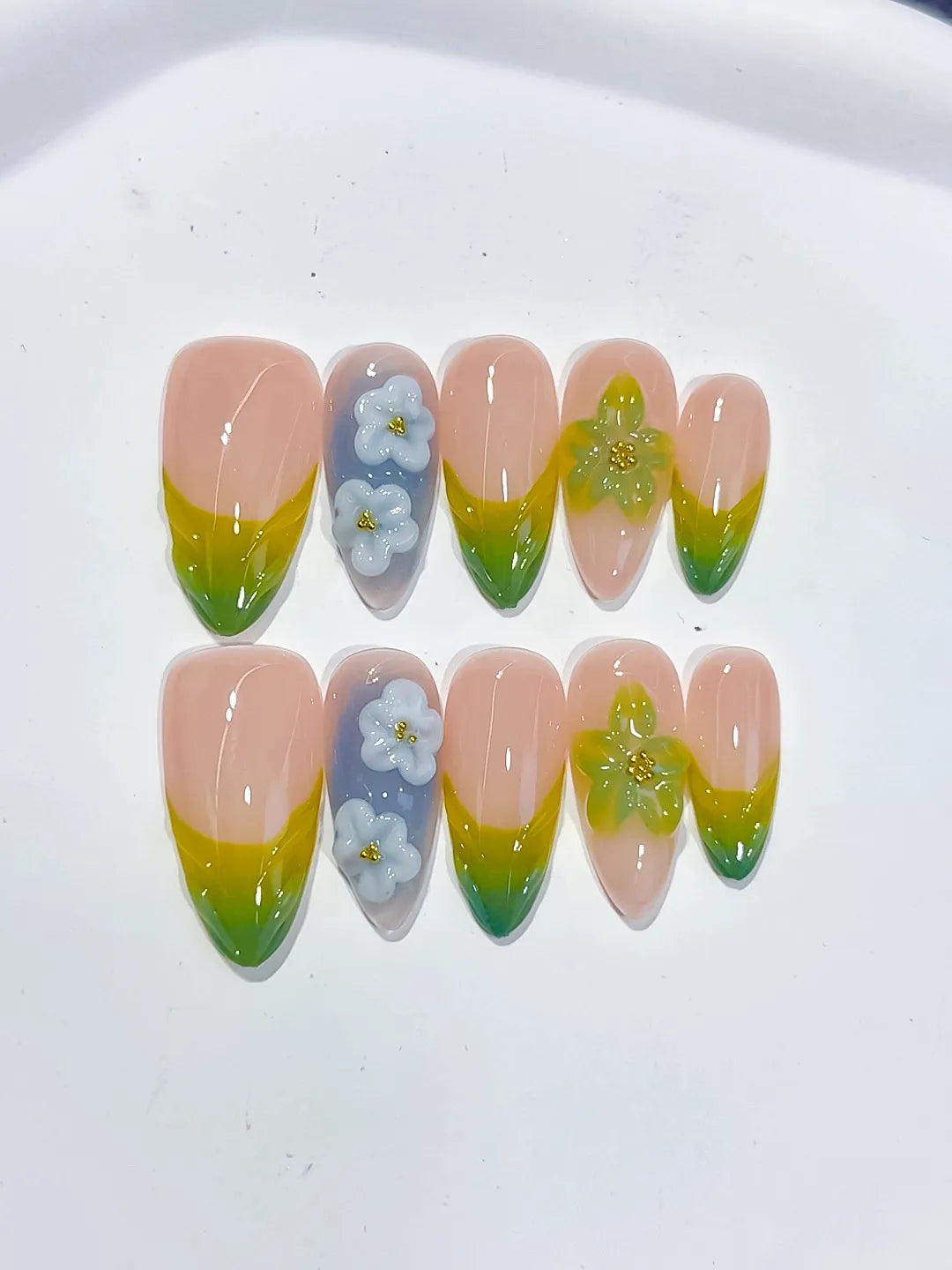 Medium Nude Green Almond French tip Flower Butterfly