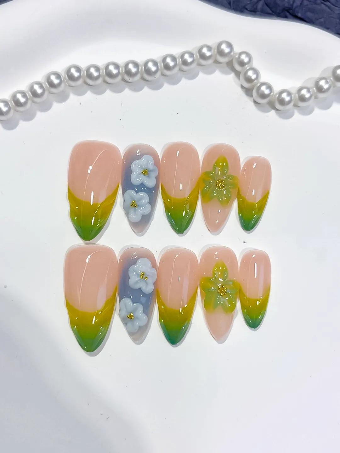 Medium Nude Green Almond French tip Flower Butterfly