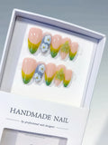 Medium Nude Green Almond French tip Flower Butterfly