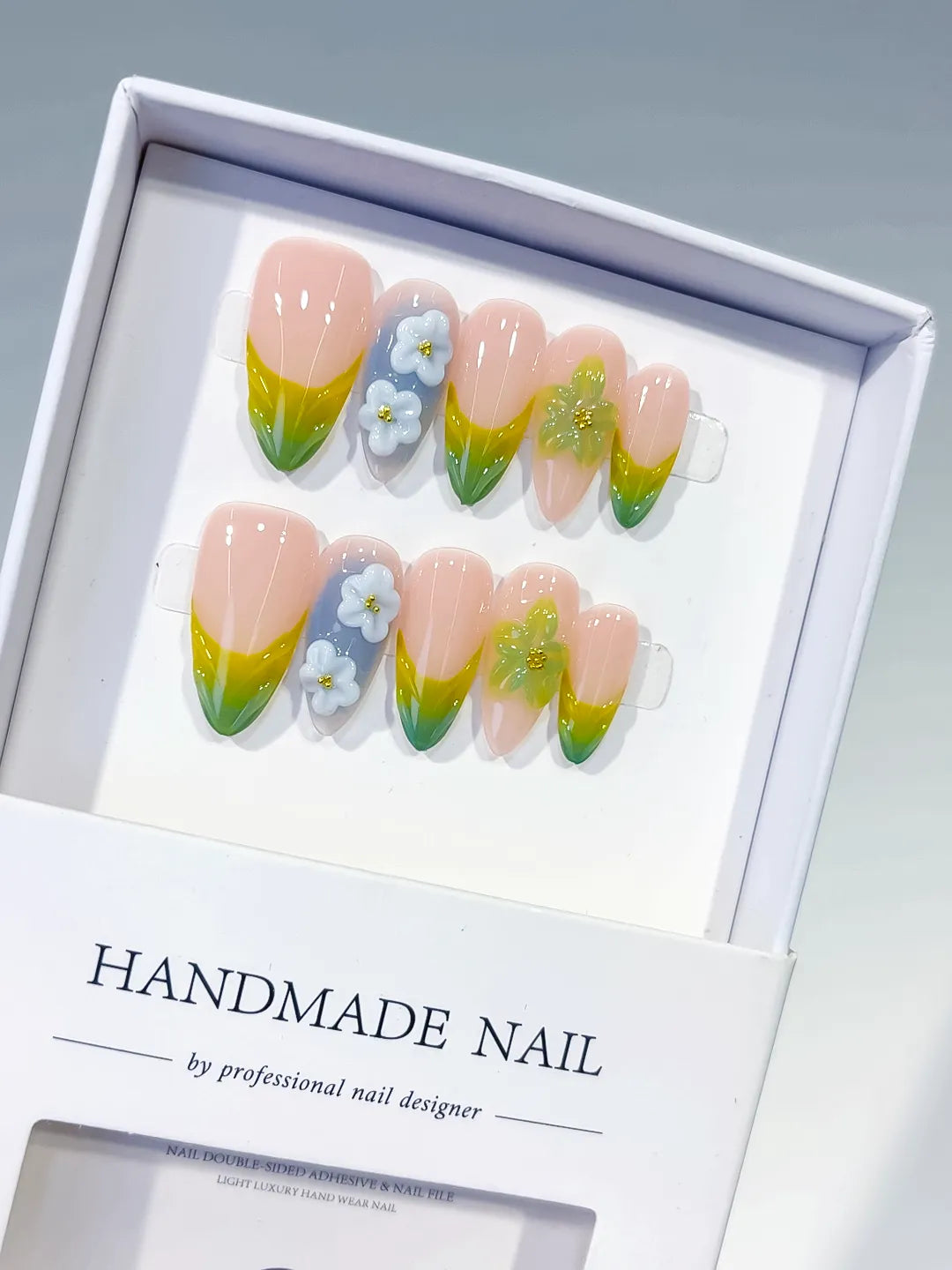 Medium Nude Green Almond French tip Flower Butterfly