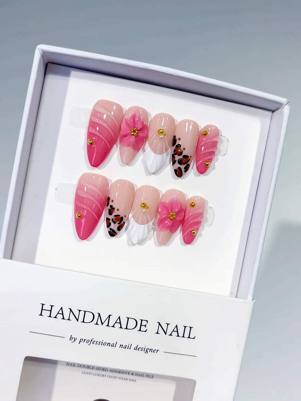 Medium Pink White Almond French tip Flower Animal Print
