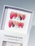 Medium Pink White Almond French tip Flower Animal Print