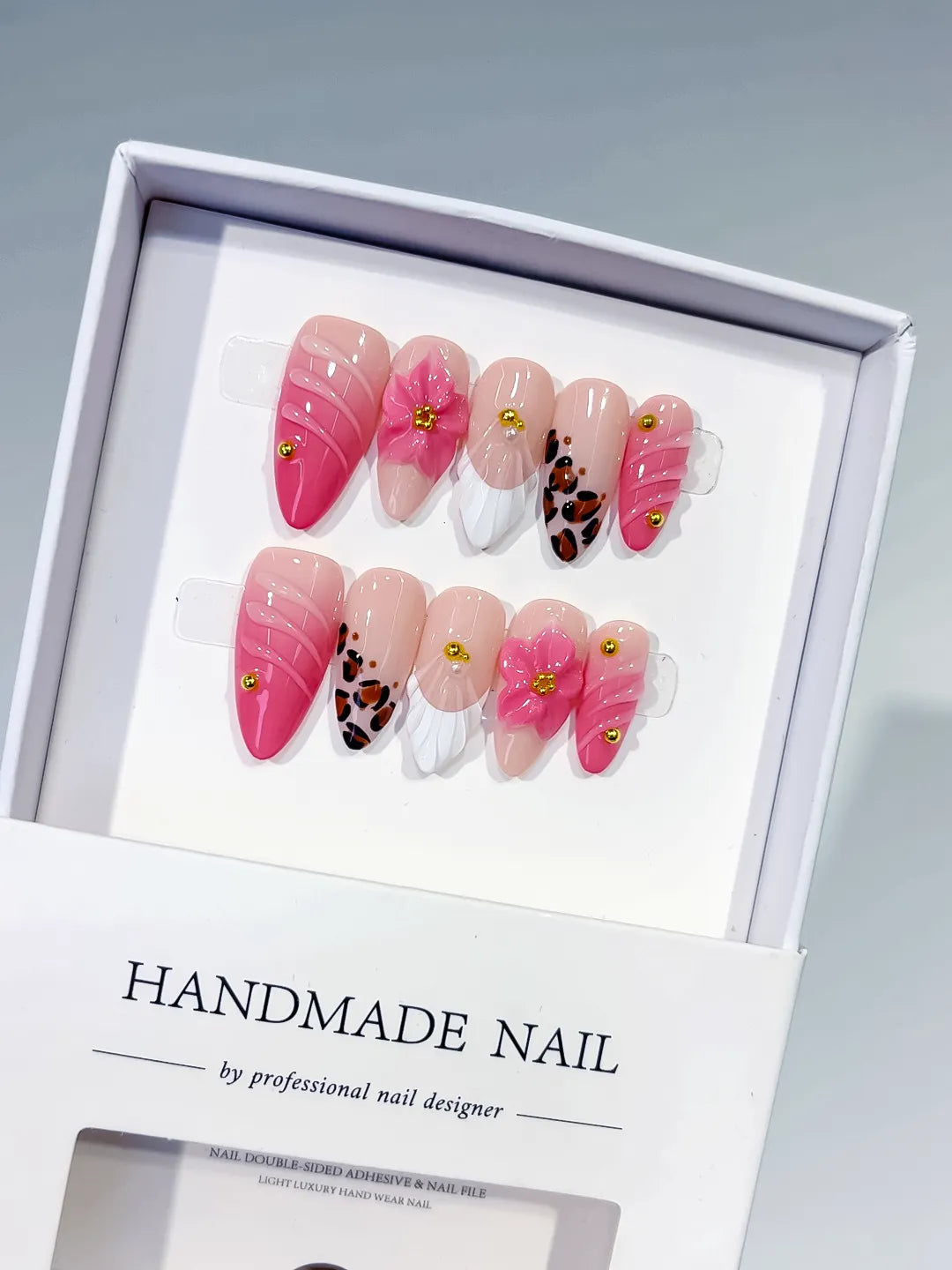 Medium Pink White Almond French tip Flower Animal Print