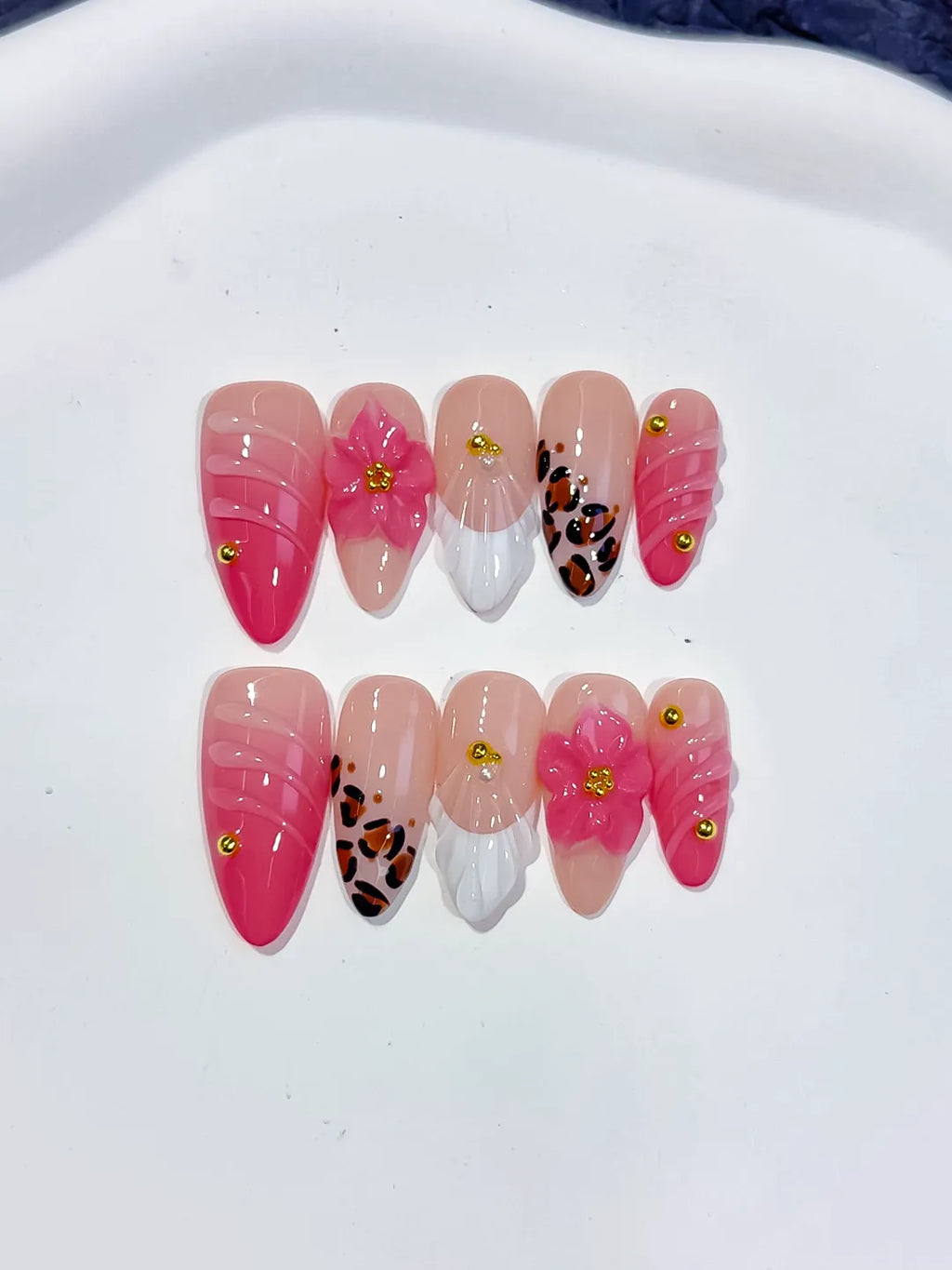 Medium Pink White Almond French tip Flower Animal Print