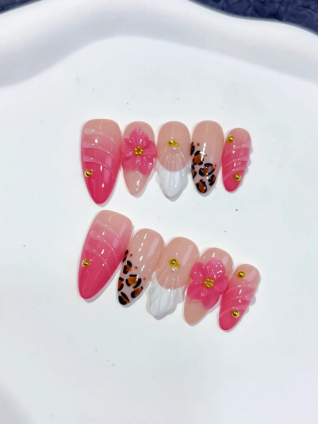 Medium Pink White Almond French tip Flower Animal Print
