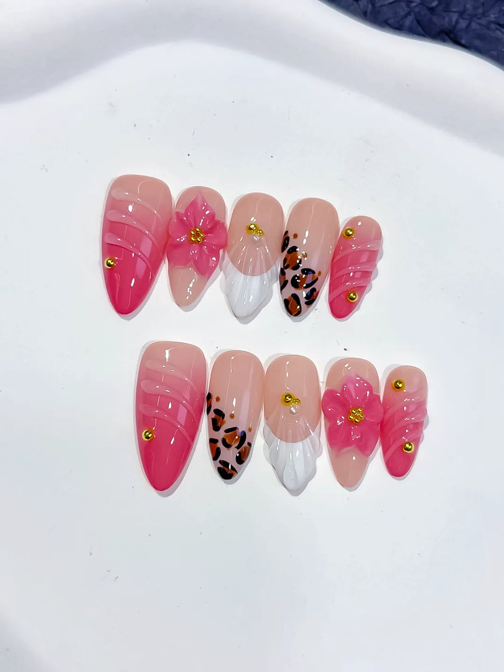 Medium Pink White Almond French tip Flower Animal Print