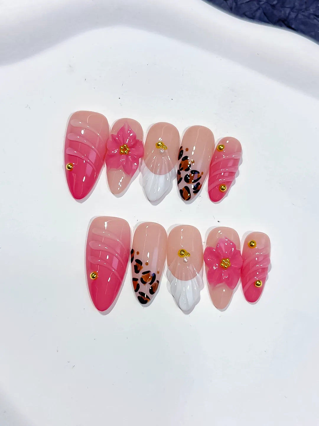 Medium Pink White Almond French tip Flower Animal Print