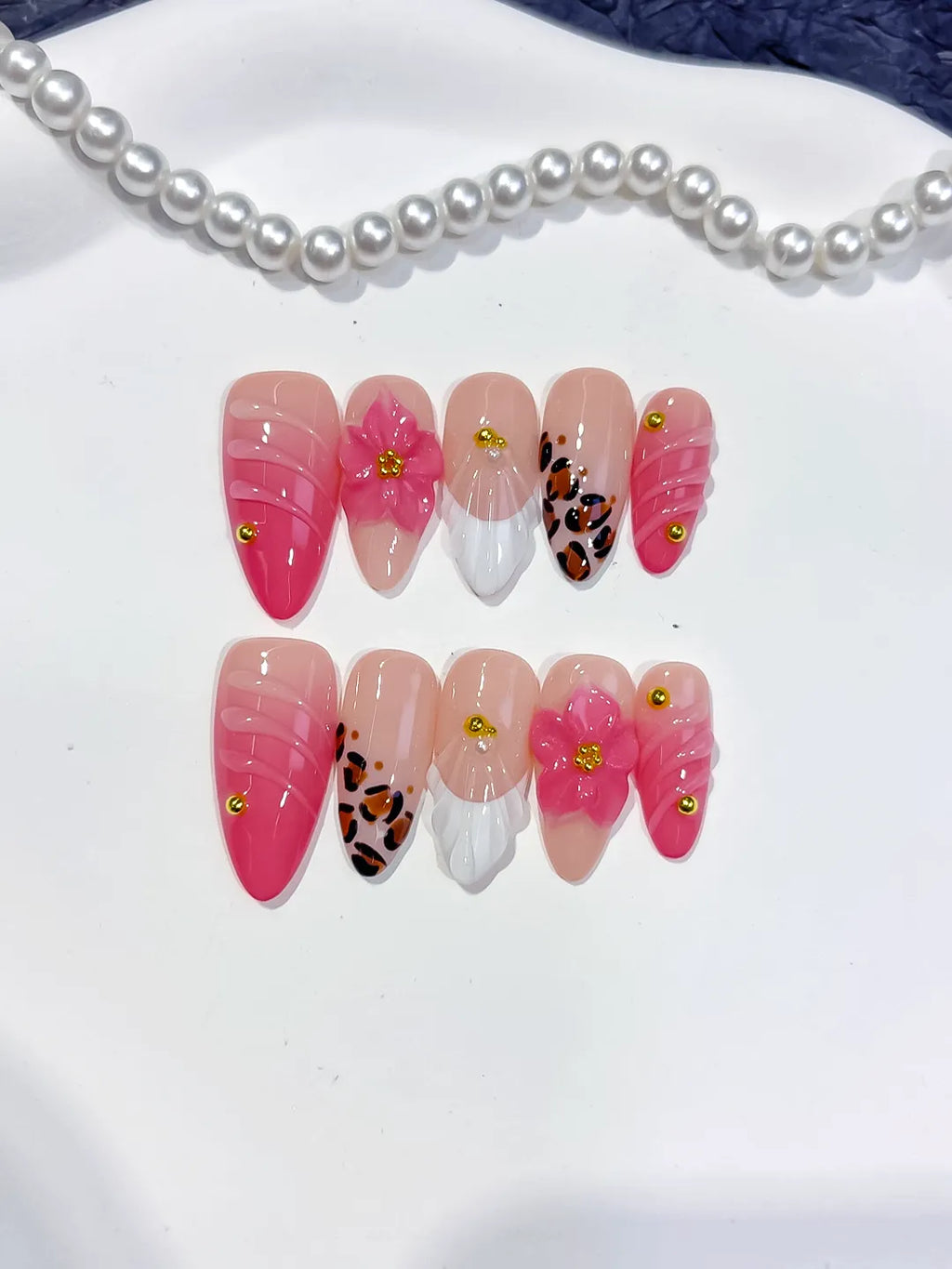 Medium Pink White Almond French tip Flower Animal Print