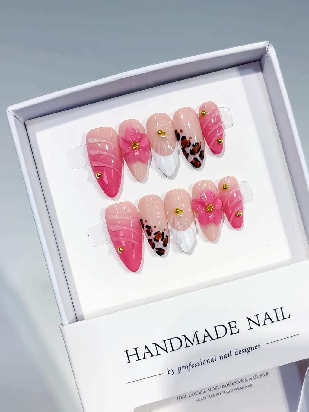 Medium Pink White Almond French tip Flower Animal Print