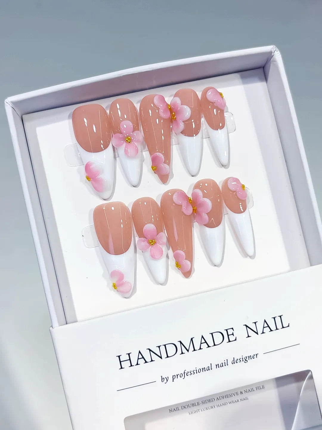 Long Nude White Stiletto French tip Flower
