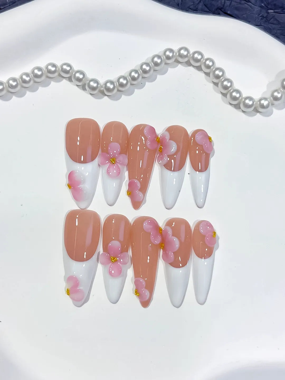 Long Nude White Stiletto French tip Flower