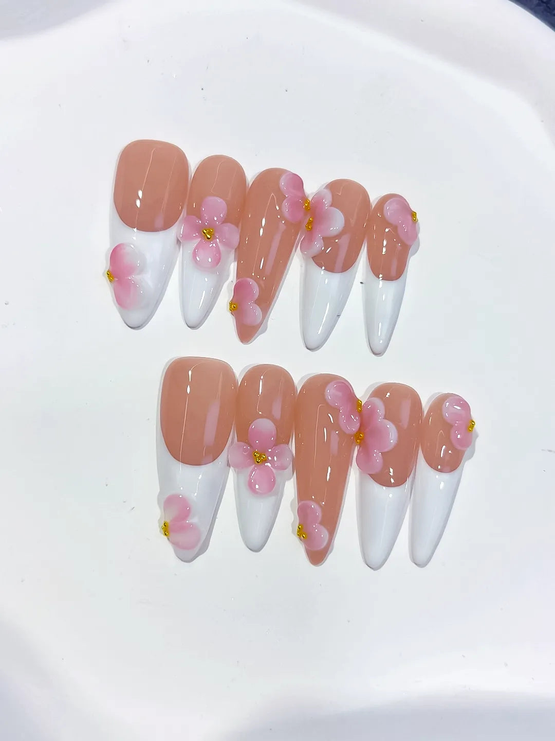 Long Nude White Stiletto French tip Flower