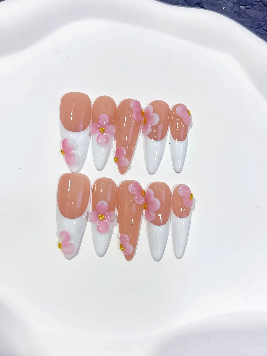 Long Nude White Stiletto French tip Flower