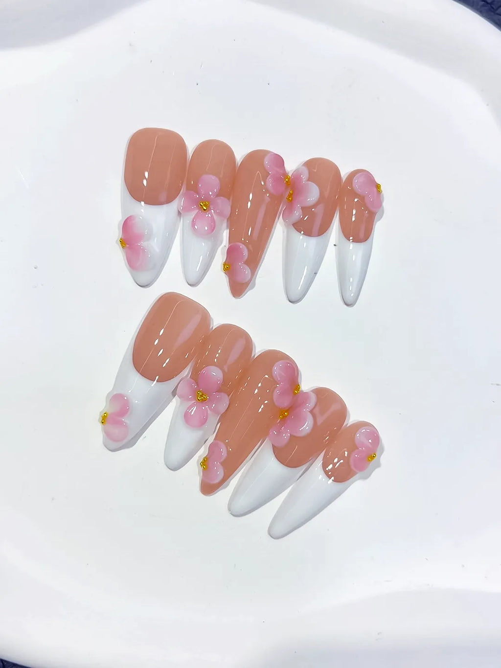 Long Nude White Stiletto French tip Flower