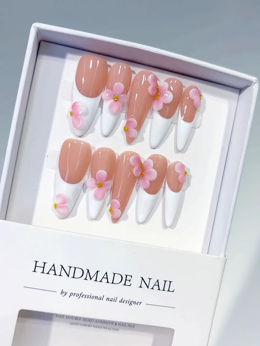 Long Nude White Stiletto French tip Flower
