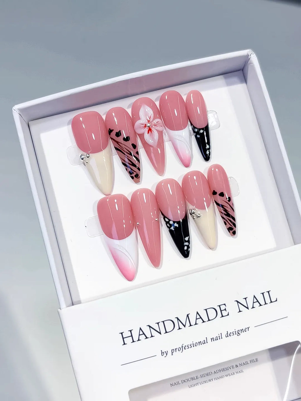 Long Pink White Stiletto Abstract Flower Animal Print