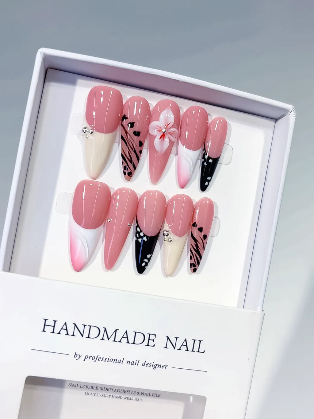 Long Pink White Stiletto Abstract Flower Animal Print