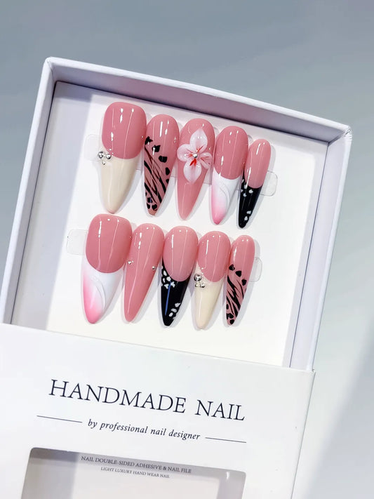 Long Pink White Stiletto Abstract Flower Animal Print