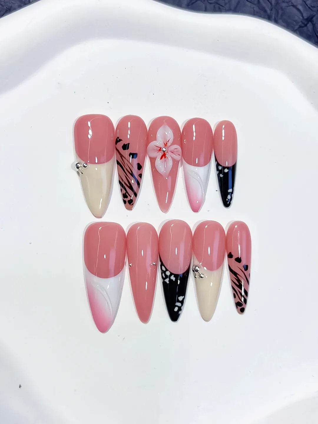 Long Pink White Stiletto Abstract Flower Animal Print
