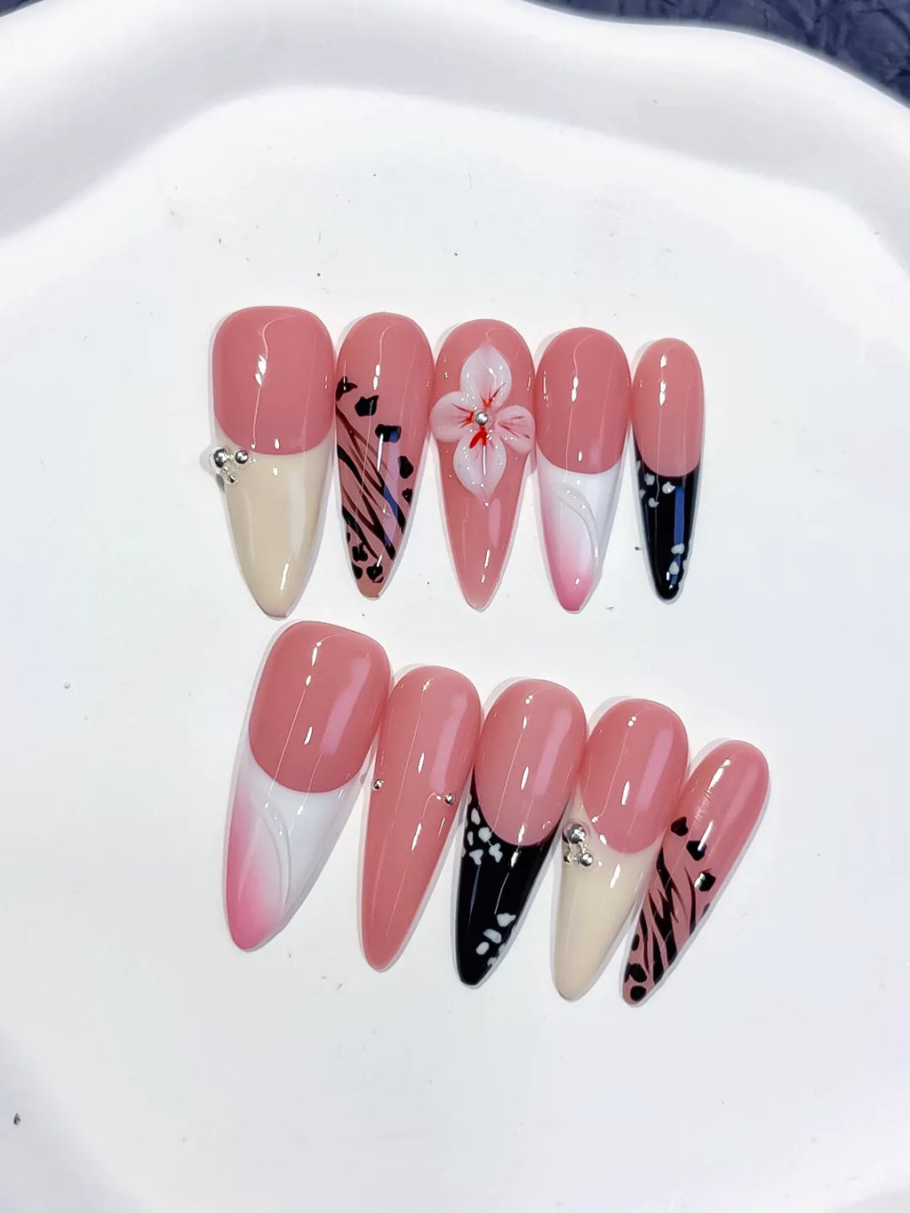 Long Pink White Stiletto Abstract Flower Animal Print
