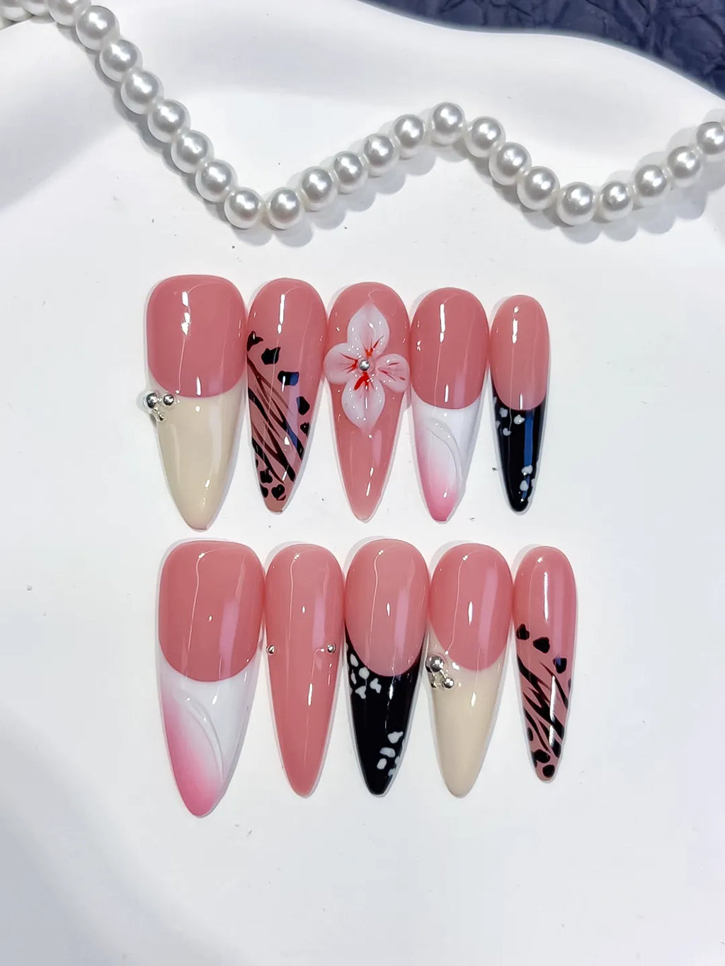 Long Pink White Stiletto Abstract Flower Animal Print