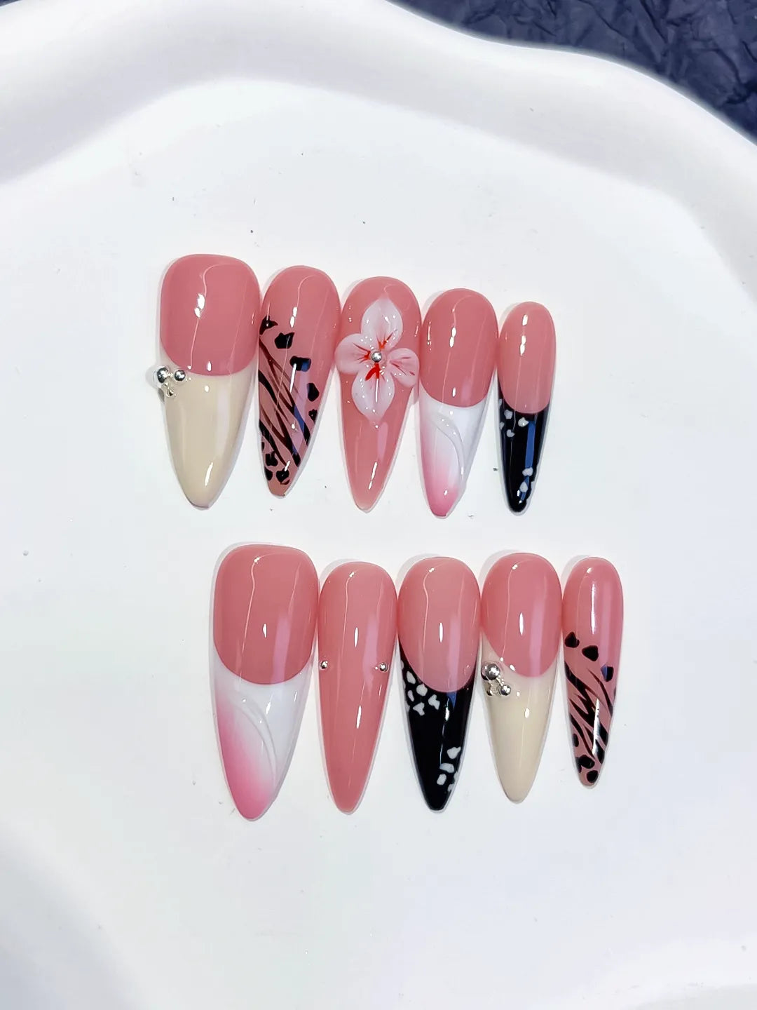 Long Pink White Stiletto Abstract Flower Animal Print