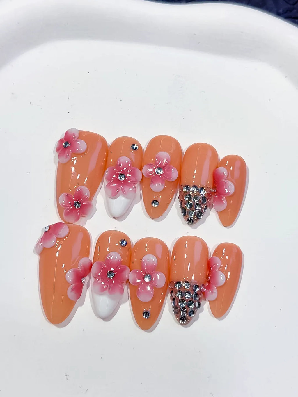 Medium Nude Pink Almond French tip Flower Rhinestone