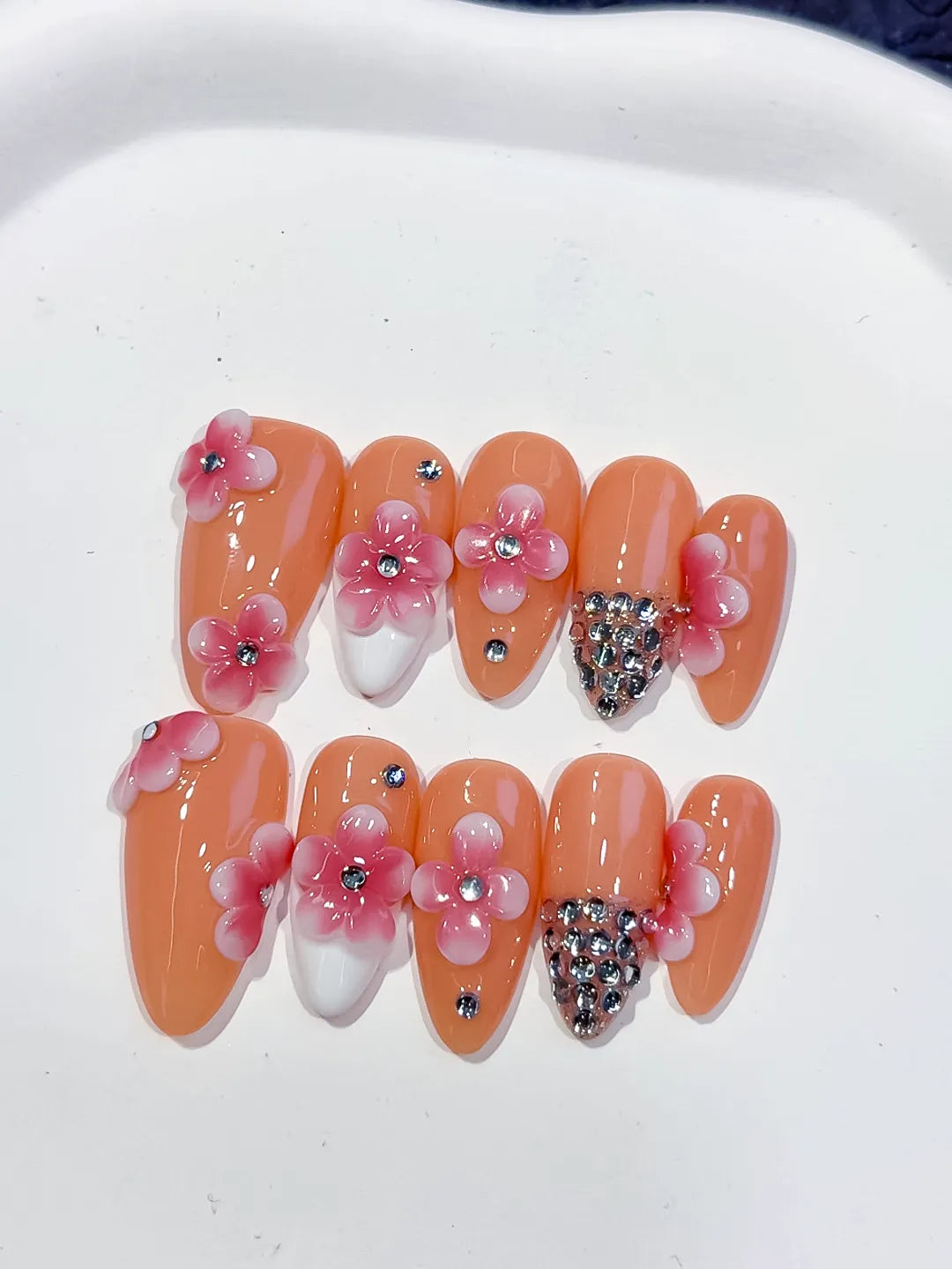 Medium Nude Pink Almond French tip Flower Rhinestone