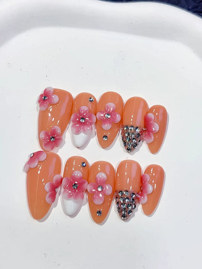 Medium Nude Pink Almond French tip Flower Rhinestone