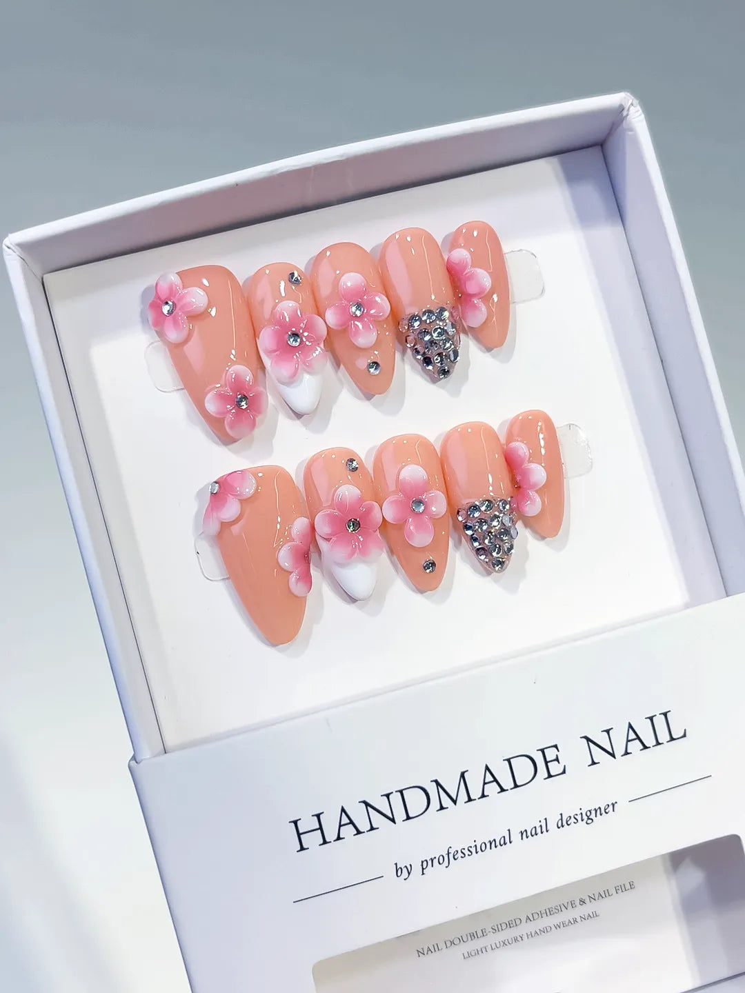 Medium Nude Pink Almond French tip Flower Rhinestone