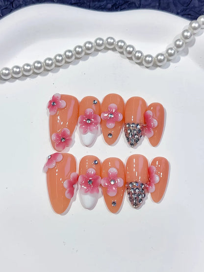 Medium Nude Pink Almond French tip Flower Rhinestone