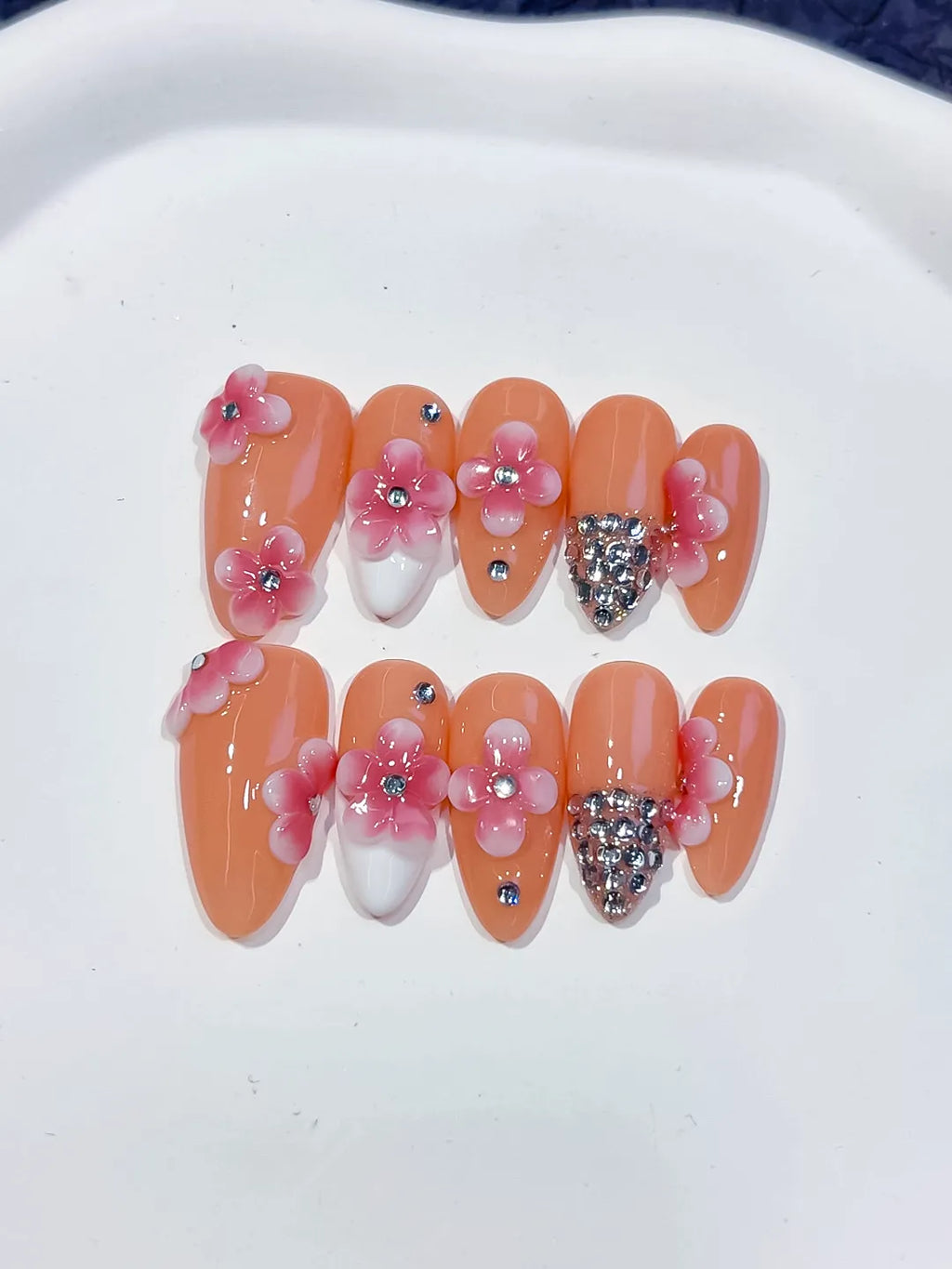 Medium Nude Pink Almond French tip Flower Rhinestone