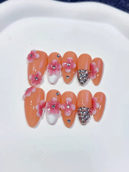 Medium Nude Pink Almond French tip Flower Rhinestone