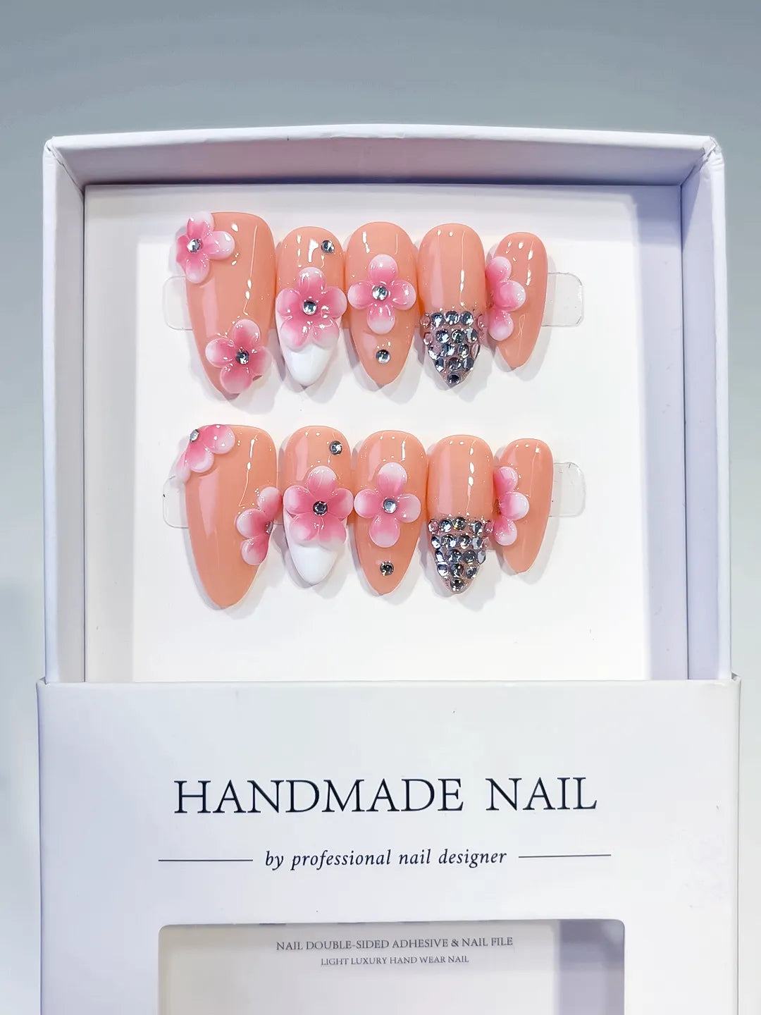 Medium Nude Pink Almond French tip Flower Rhinestone
