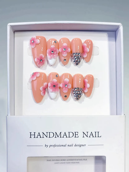Medium Nude Pink Almond French tip Flower Rhinestone