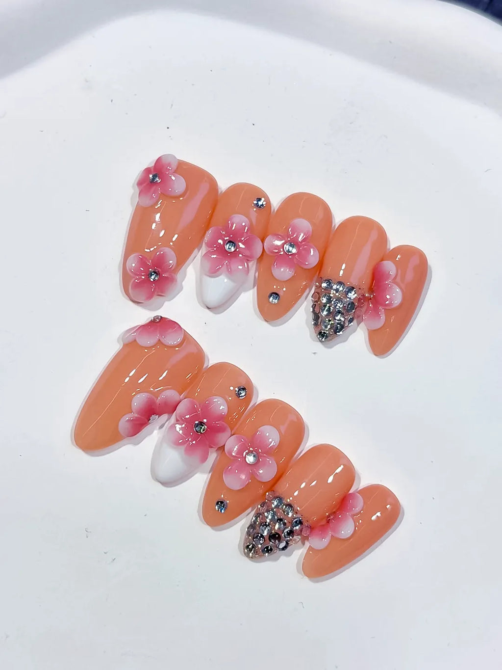 Medium Nude Pink Almond French tip Flower Rhinestone