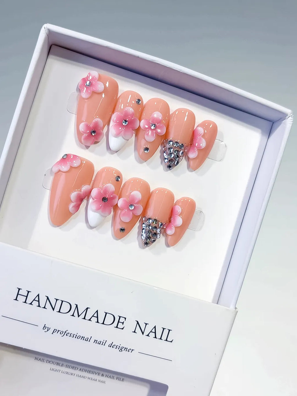 Medium Nude Pink Almond French tip Flower Rhinestone