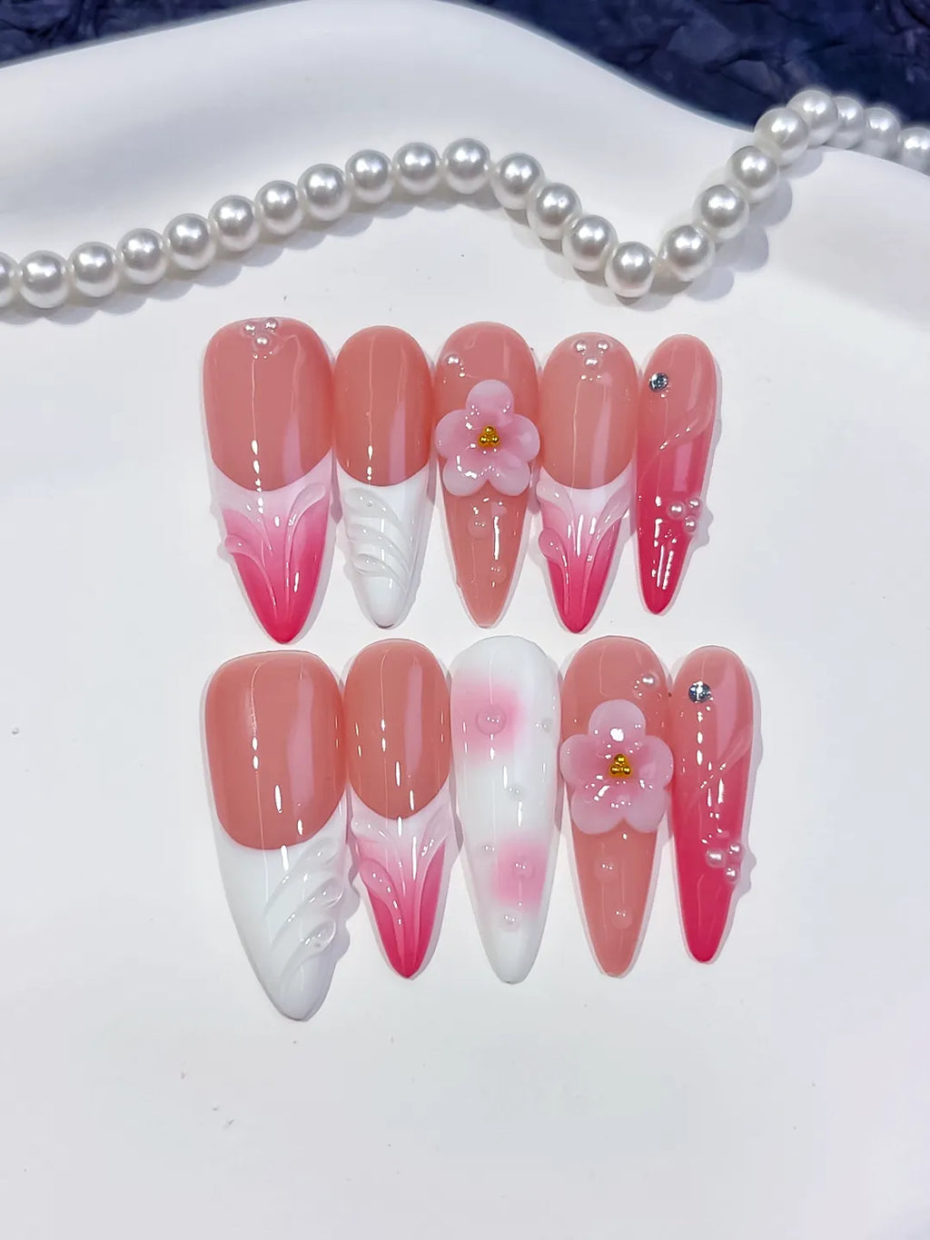 Long Pink White Almond French tip Flower Shell
