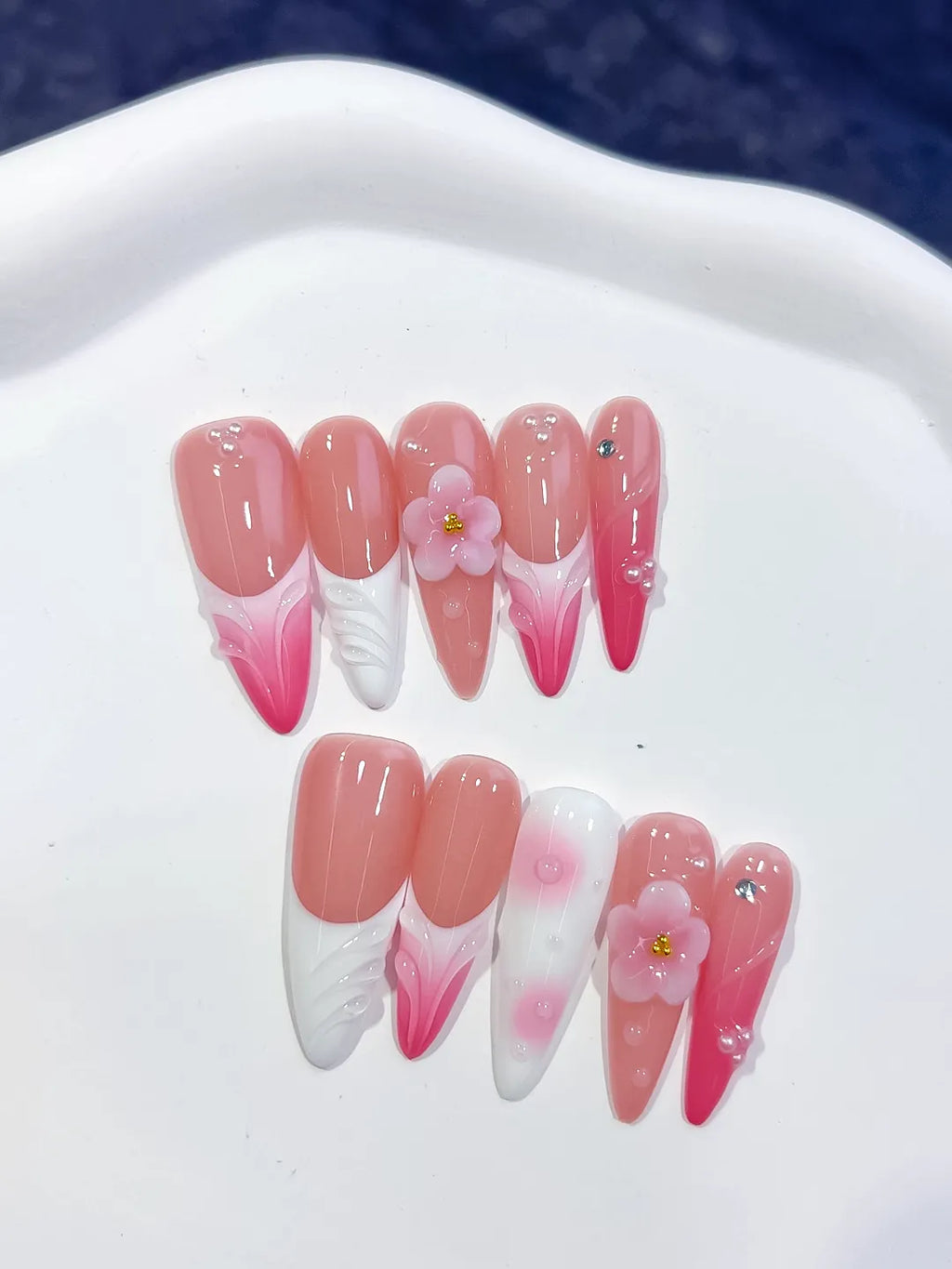 Long Pink White Almond French tip Flower Shell