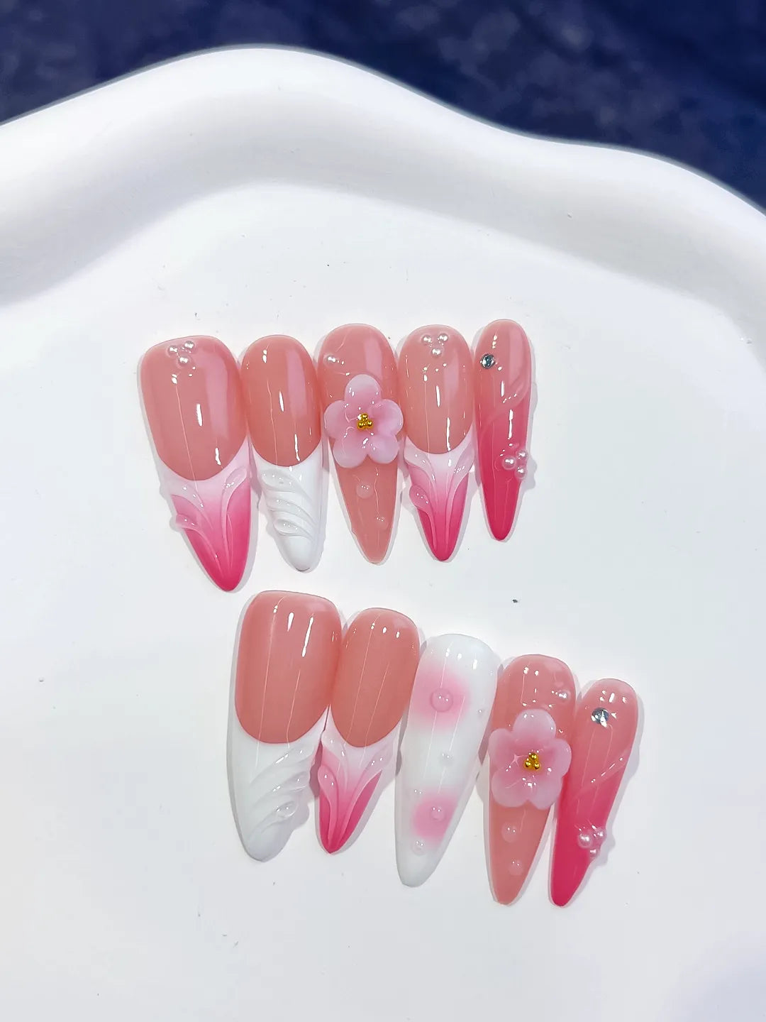 Long Pink White Almond French tip Flower Shell