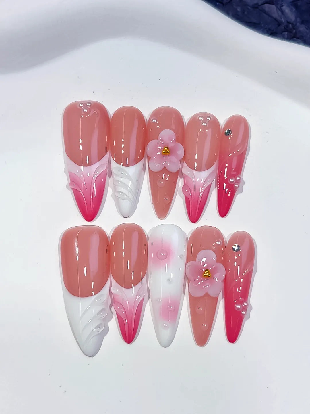 Long Pink White Almond French tip Flower Shell
