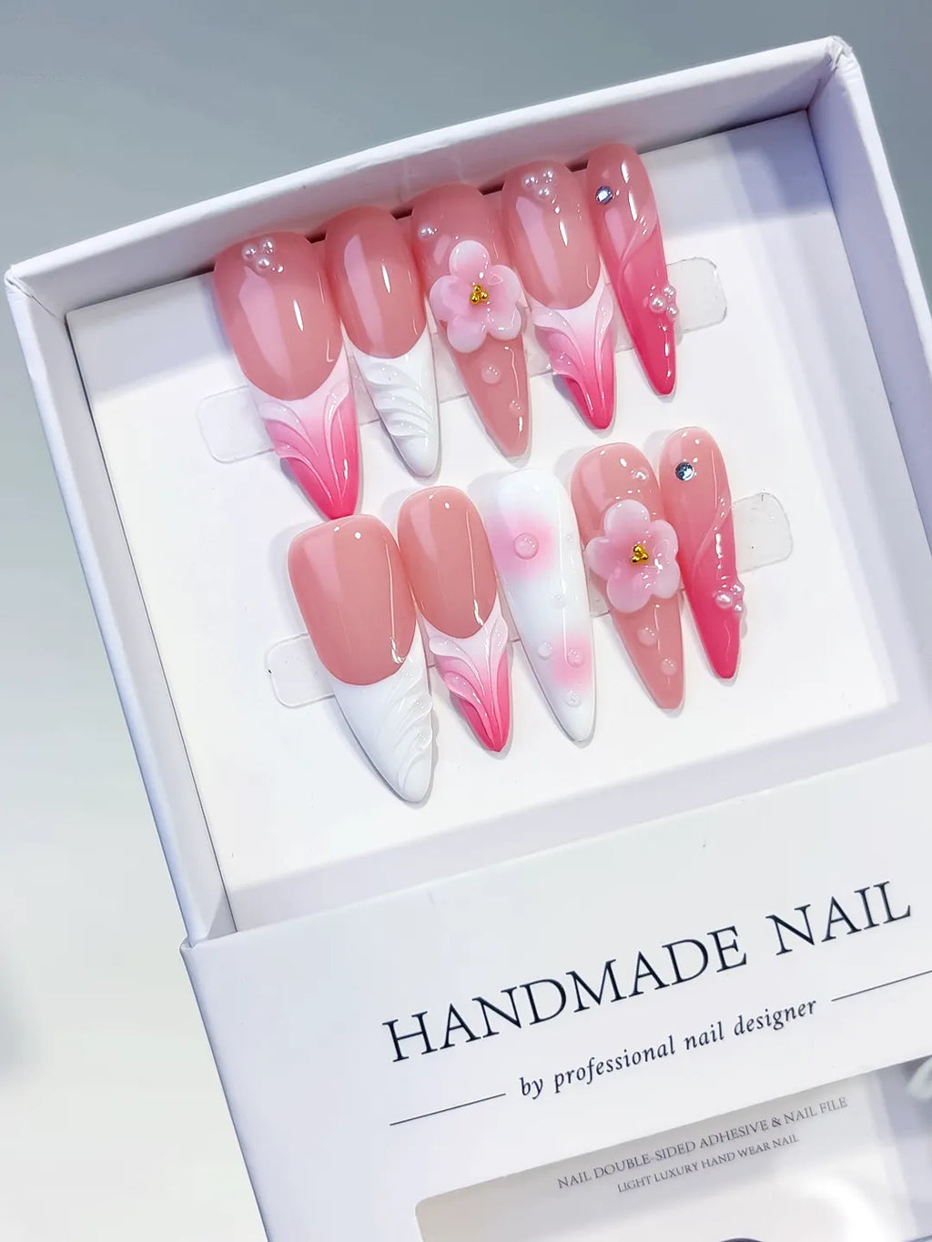 Long Pink White Almond French tip Flower Shell
