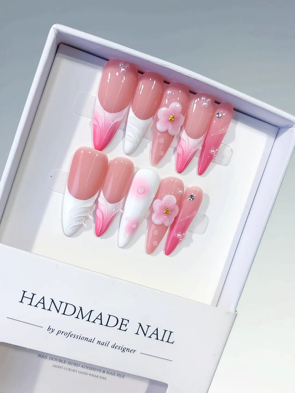 Long Pink White Almond French tip Flower Shell