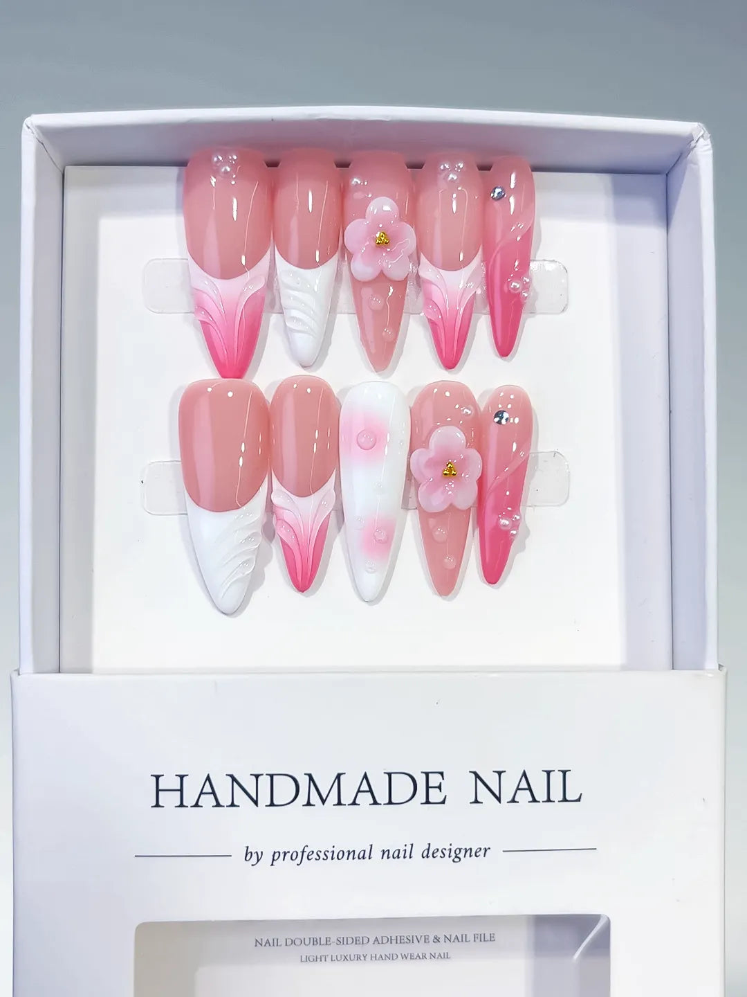Long Pink White Almond French tip Flower Shell
