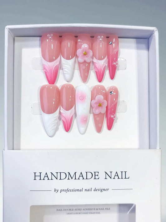 Long Pink White Almond French tip Flower Shell