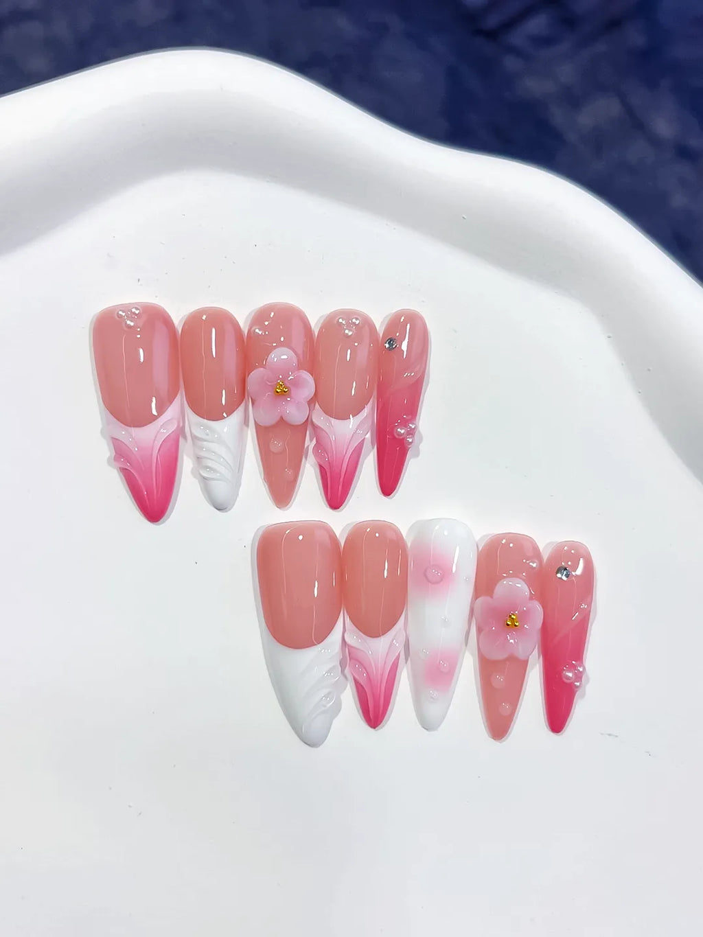Long Pink White Almond French tip Flower Shell