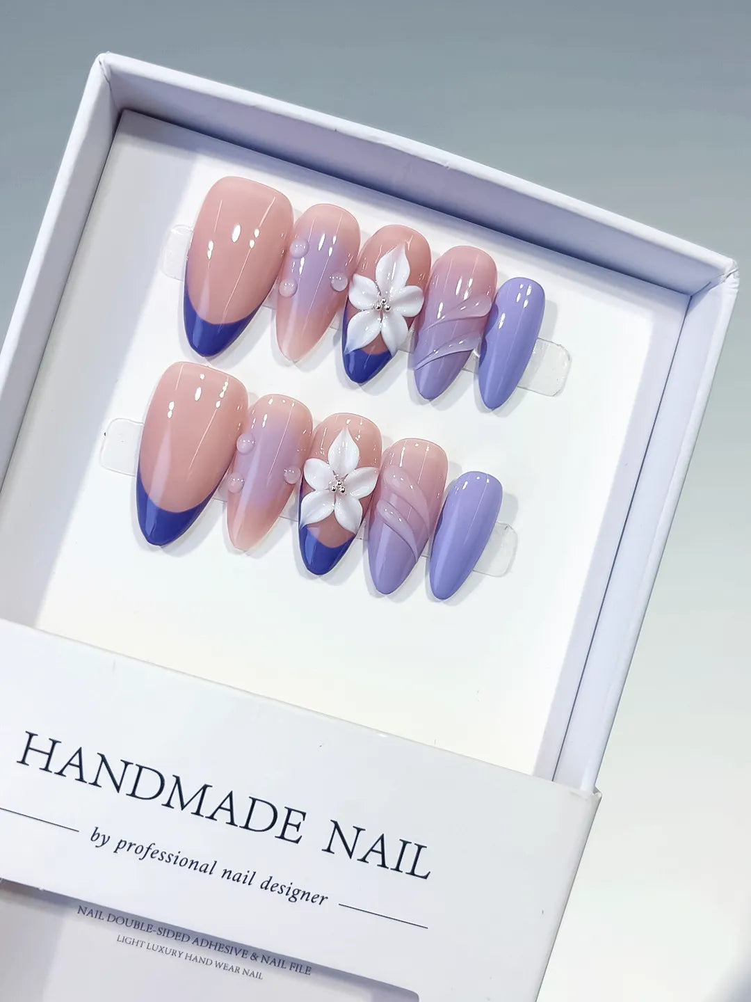 Medium Nude Purple Almond French tip Flower Shell