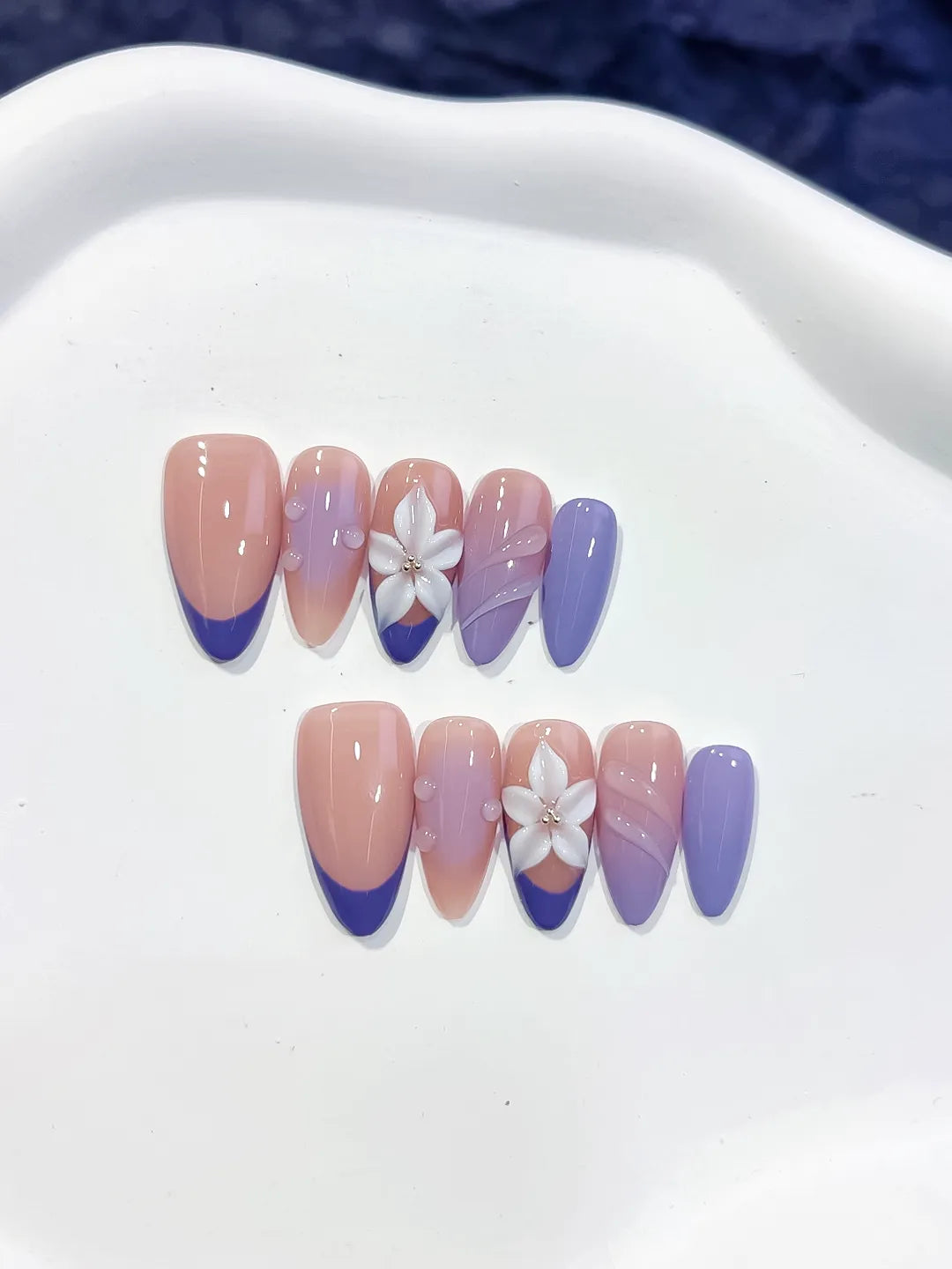 Medium Nude Purple Almond French tip Flower Shell